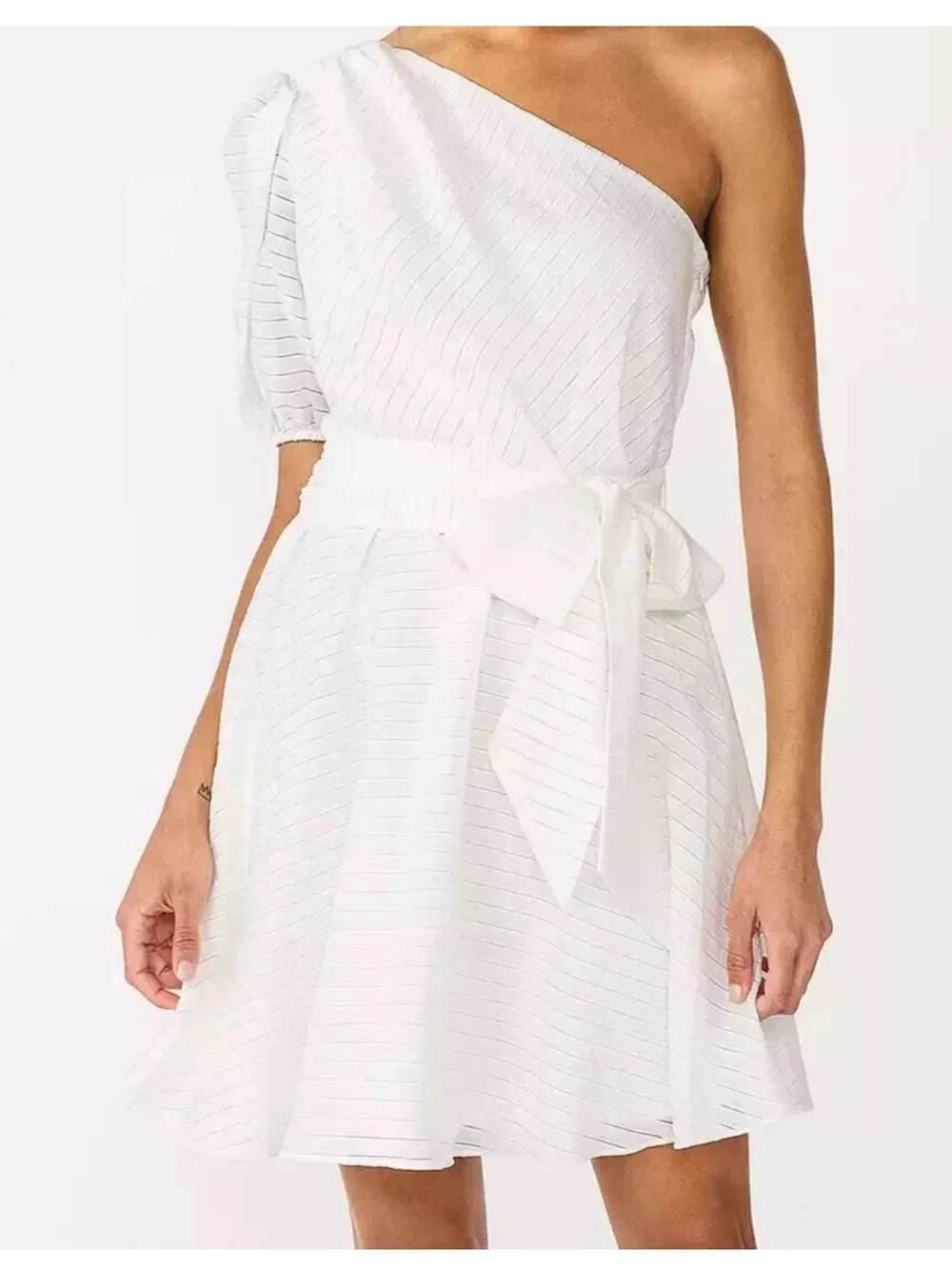NINE WEST White Striped One Sleeve Mini Dress with Belt Size XXL Lined‎ Plus 2X